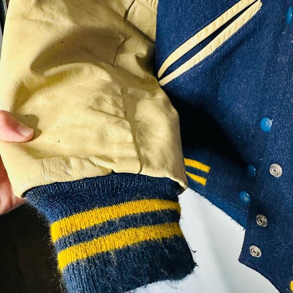 Vintage Hatchers Blue Gold 60s Letterman H University Leather Wool Jacket size S - Picture 7 of 12